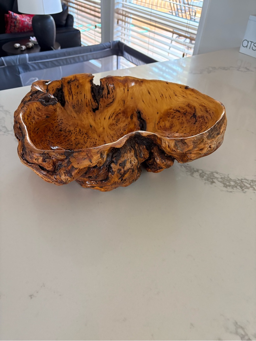 Hand Crafted Burlwood Serving Bowl in Golden Brown and Dark Accents
